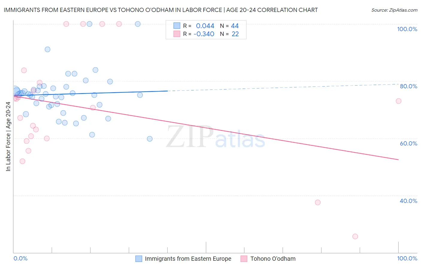 Immigrants from Eastern Europe vs Tohono O'odham In Labor Force | Age 20-24