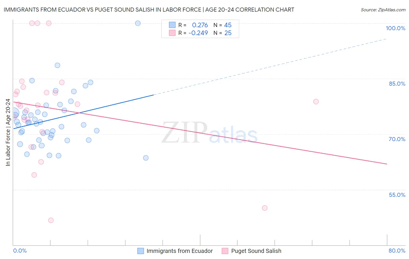 Immigrants from Ecuador vs Puget Sound Salish In Labor Force | Age 20-24