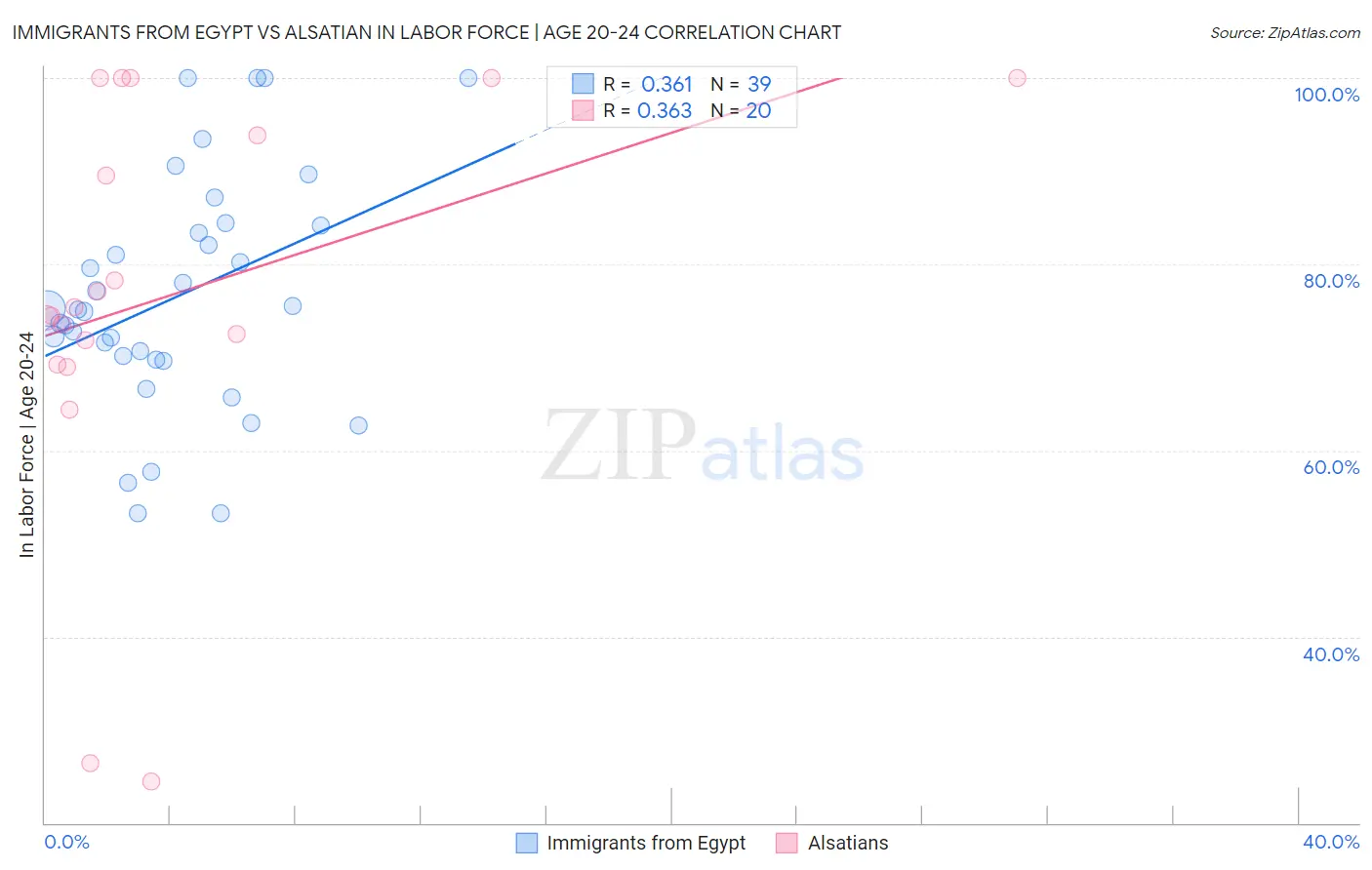 Immigrants from Egypt vs Alsatian In Labor Force | Age 20-24