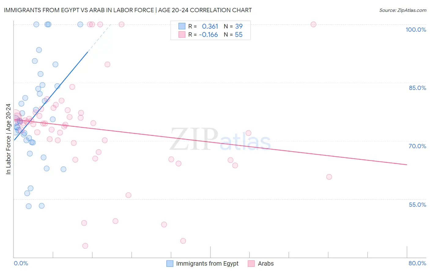 Immigrants from Egypt vs Arab In Labor Force | Age 20-24