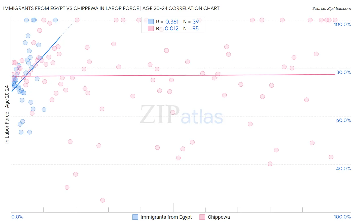 Immigrants from Egypt vs Chippewa In Labor Force | Age 20-24