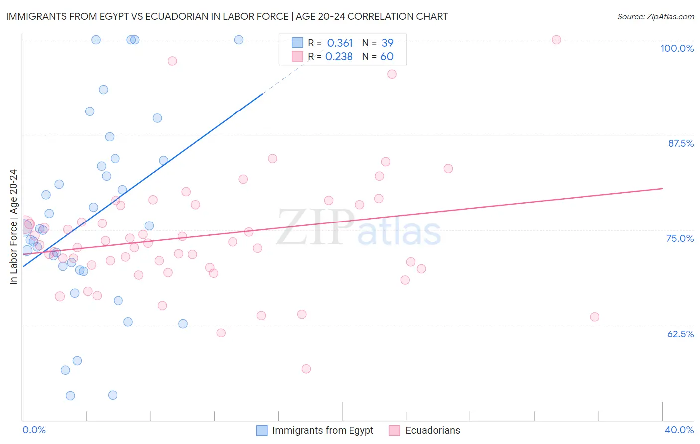 Immigrants from Egypt vs Ecuadorian In Labor Force | Age 20-24