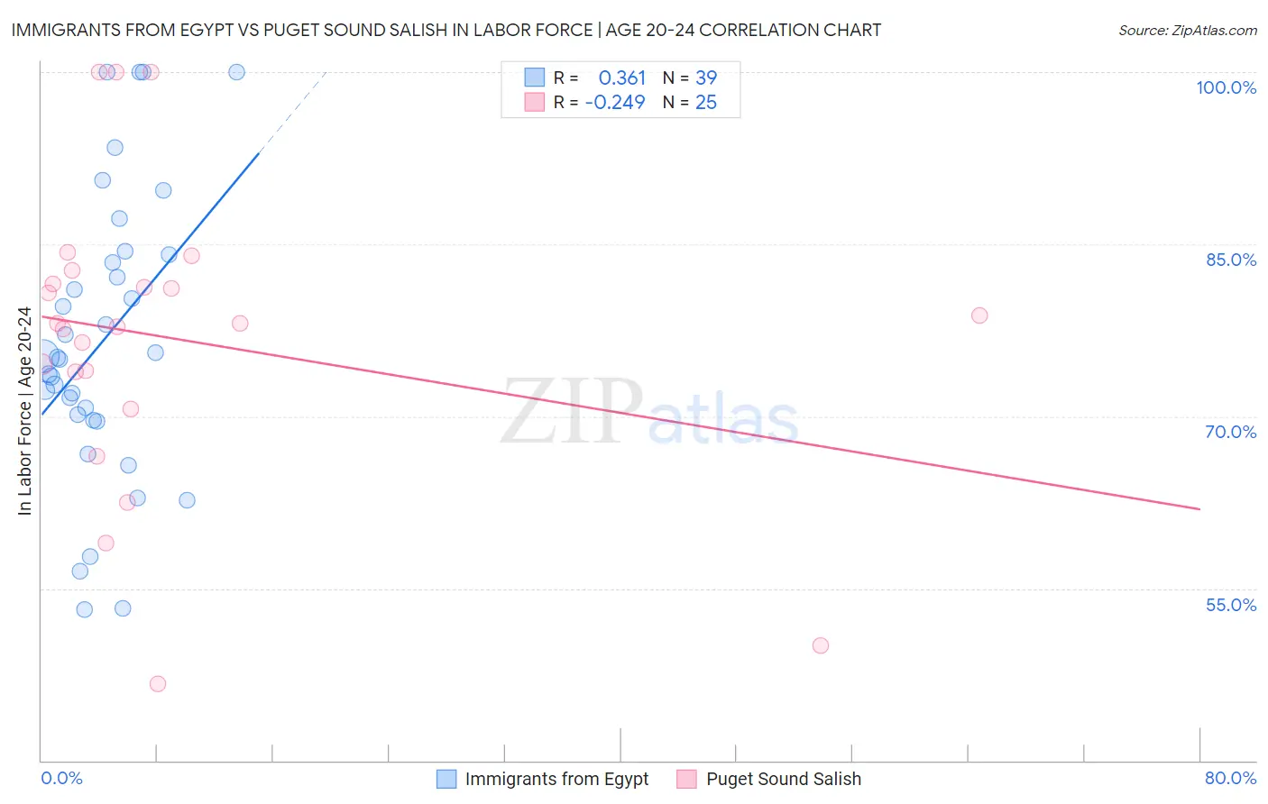 Immigrants from Egypt vs Puget Sound Salish In Labor Force | Age 20-24