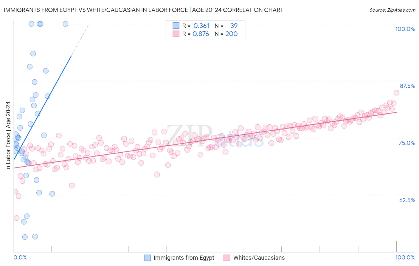 Immigrants from Egypt vs White/Caucasian In Labor Force | Age 20-24