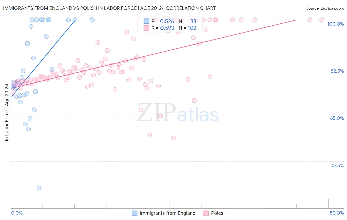Immigrants from England vs Polish In Labor Force | Age 20-24