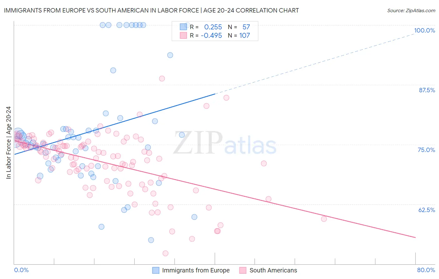 Immigrants from Europe vs South American In Labor Force | Age 20-24