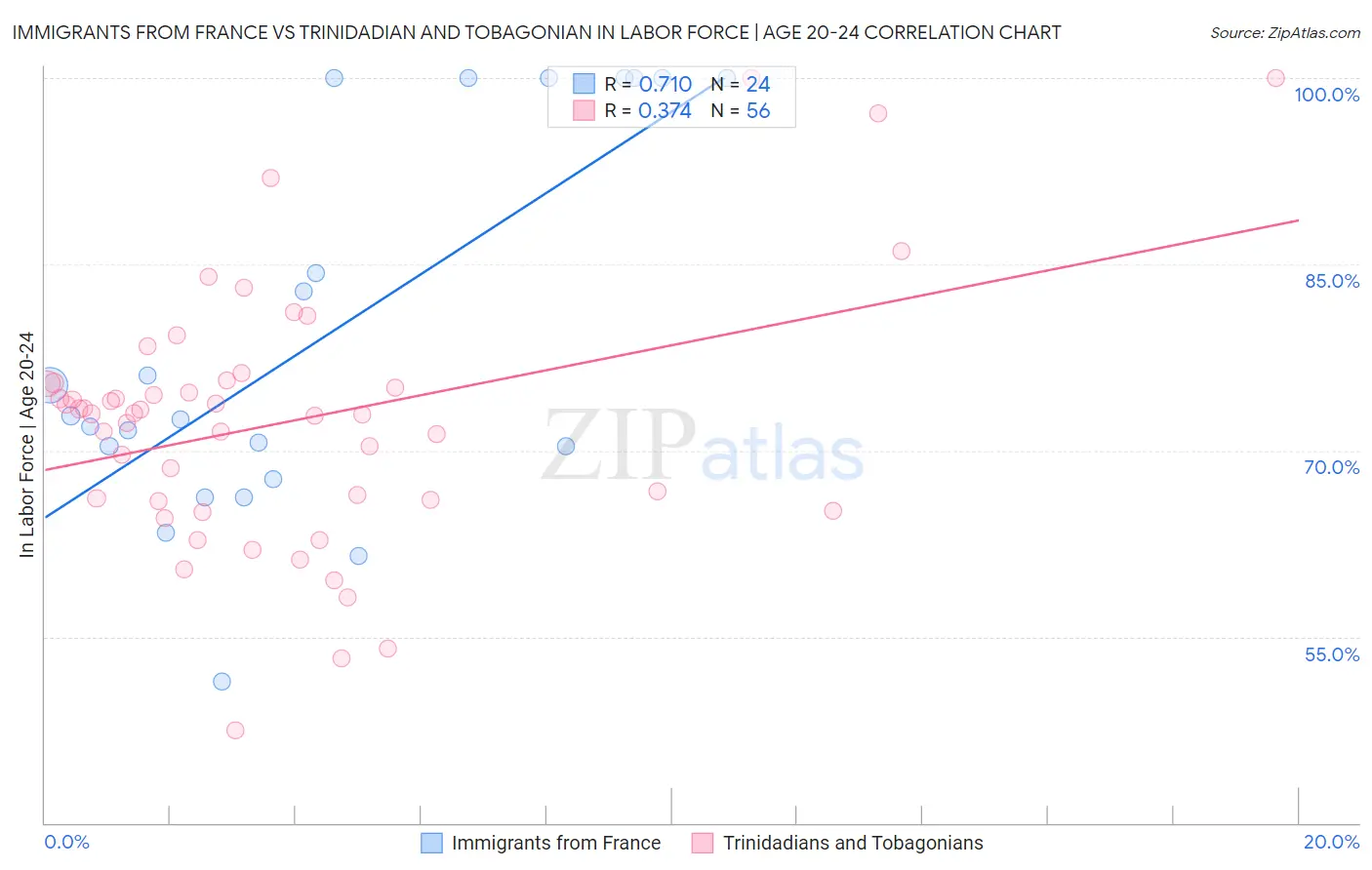 Immigrants from France vs Trinidadian and Tobagonian In Labor Force | Age 20-24