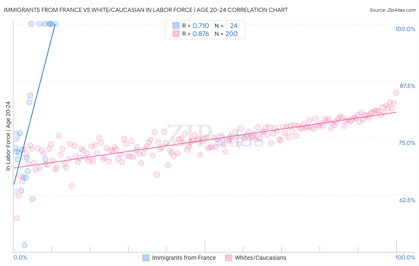 Immigrants from France vs White/Caucasian In Labor Force | Age 20-24