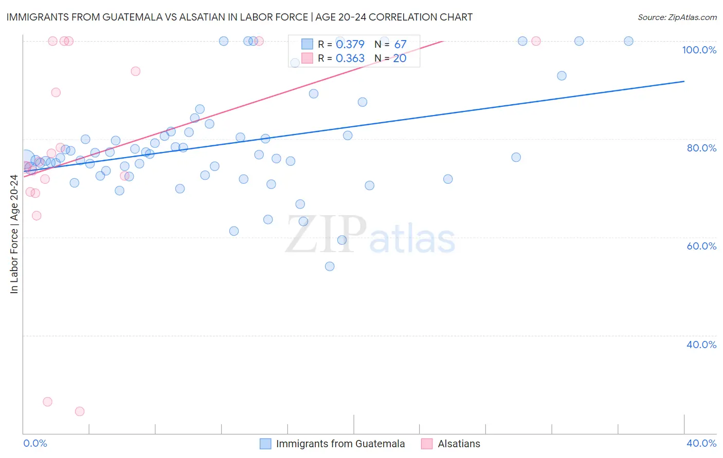Immigrants from Guatemala vs Alsatian In Labor Force | Age 20-24