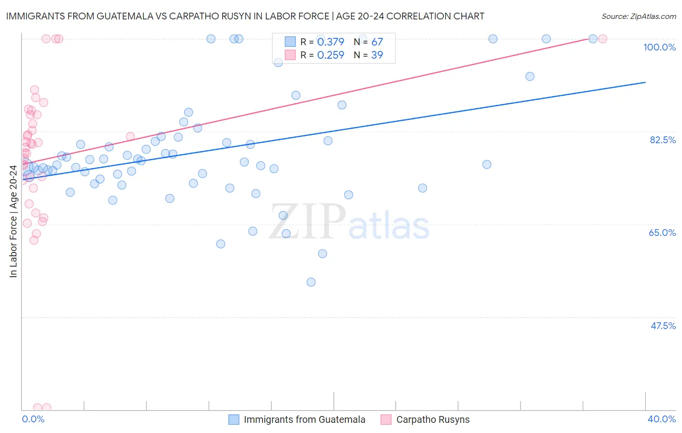 Immigrants from Guatemala vs Carpatho Rusyn In Labor Force | Age 20-24