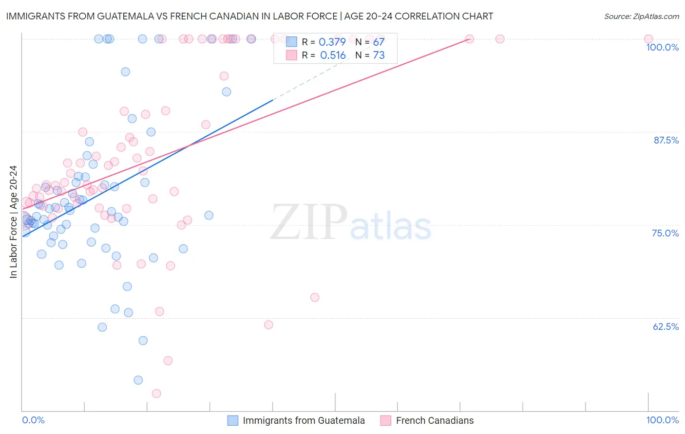 Immigrants from Guatemala vs French Canadian In Labor Force | Age 20-24