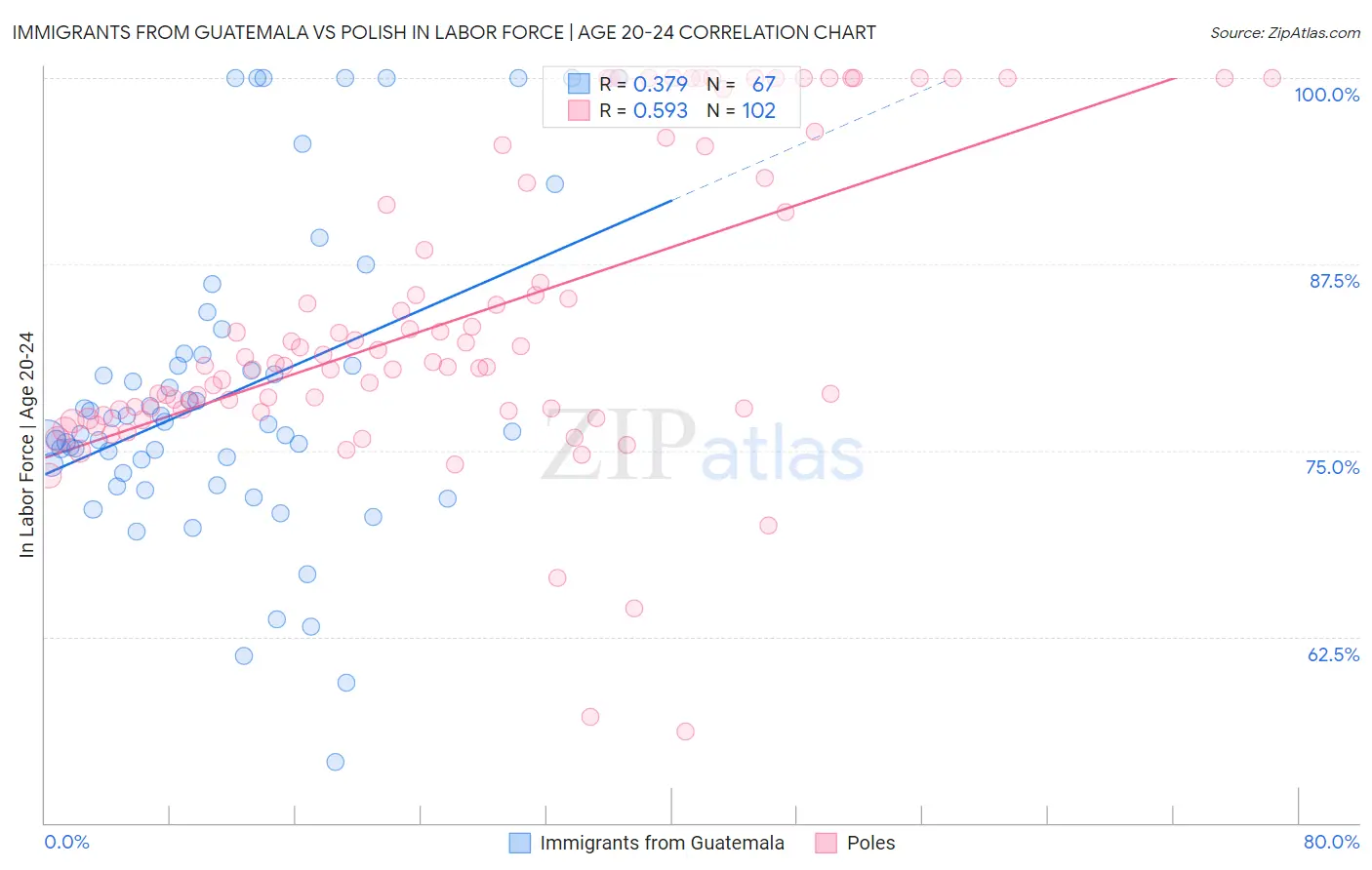 Immigrants from Guatemala vs Polish In Labor Force | Age 20-24