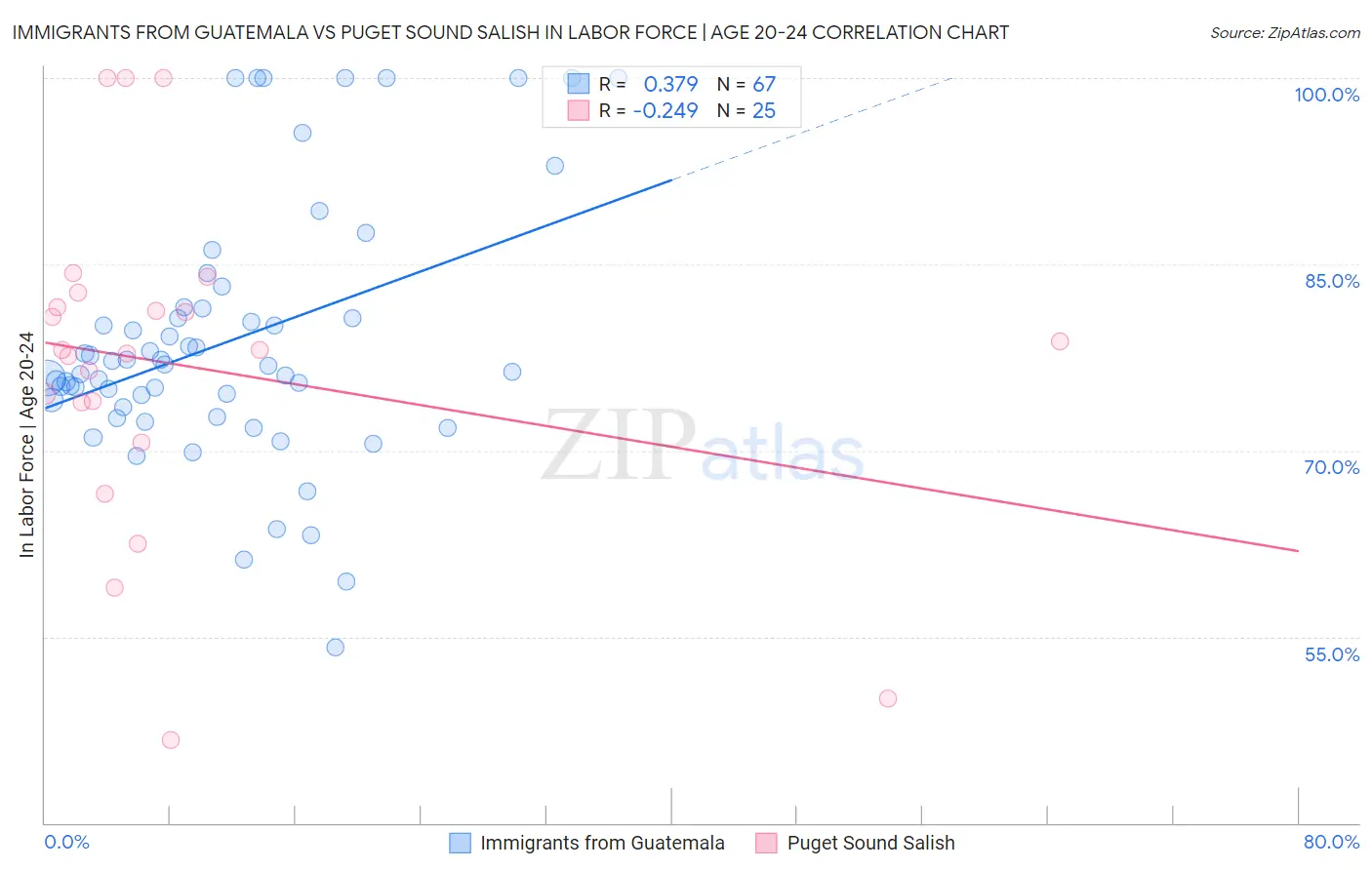 Immigrants from Guatemala vs Puget Sound Salish In Labor Force | Age 20-24