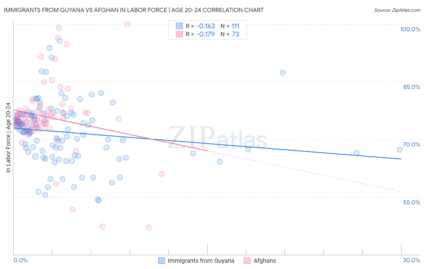Immigrants from Guyana vs Afghan In Labor Force | Age 20-24