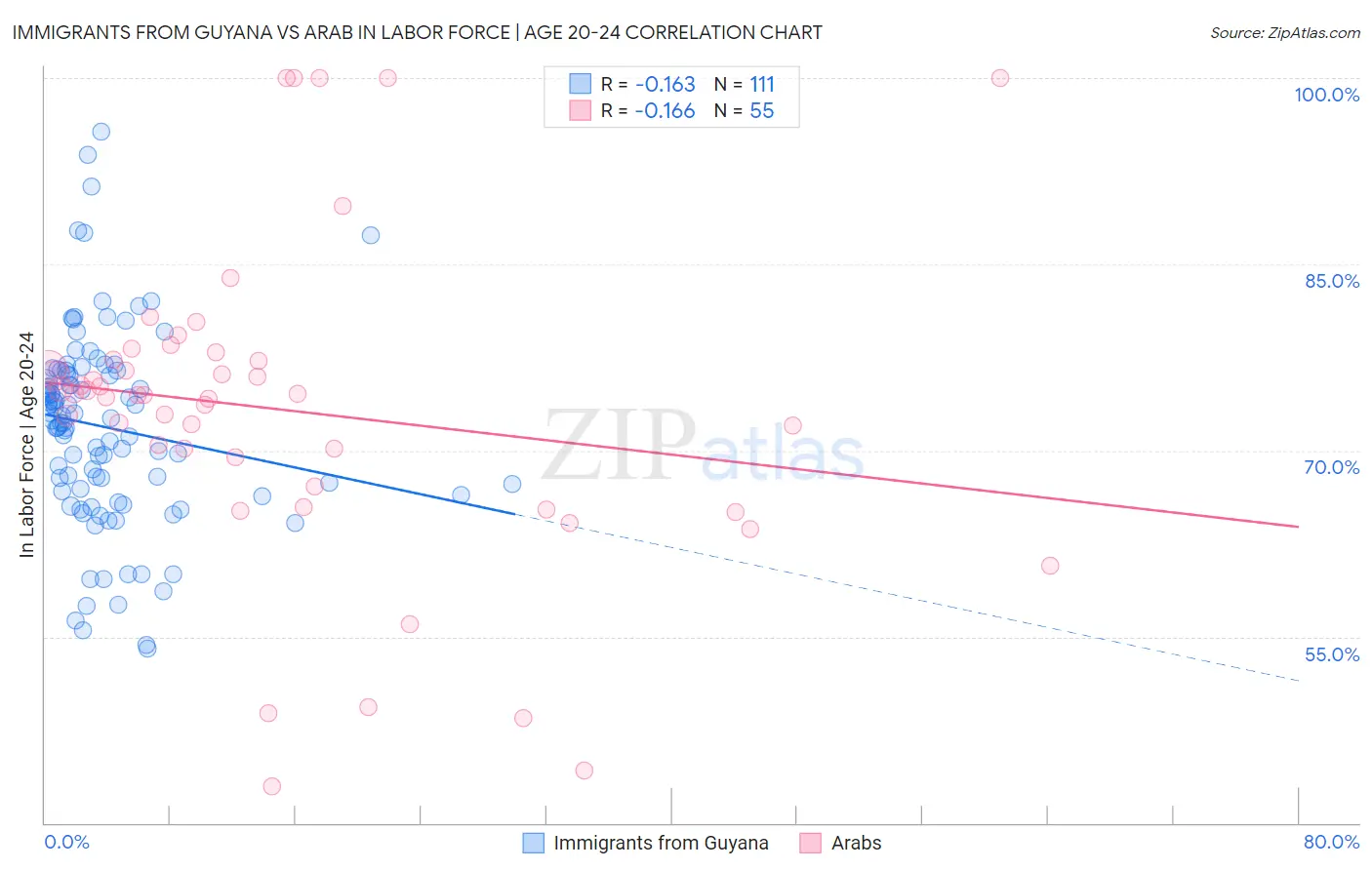 Immigrants from Guyana vs Arab In Labor Force | Age 20-24