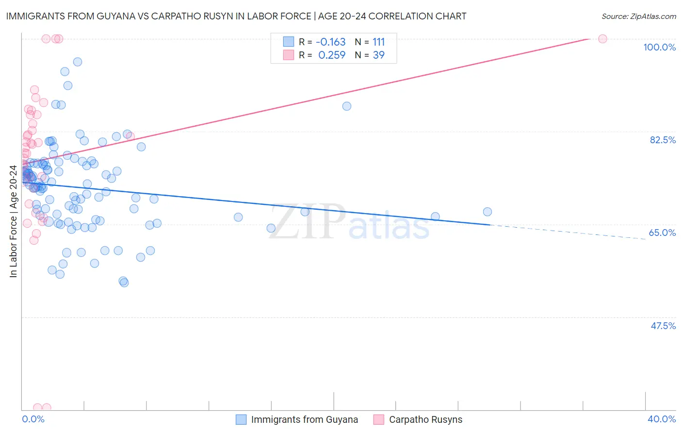 Immigrants from Guyana vs Carpatho Rusyn In Labor Force | Age 20-24