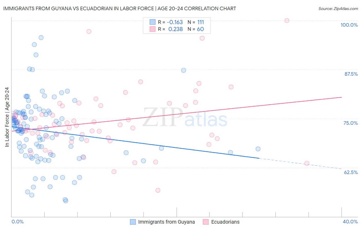 Immigrants from Guyana vs Ecuadorian In Labor Force | Age 20-24