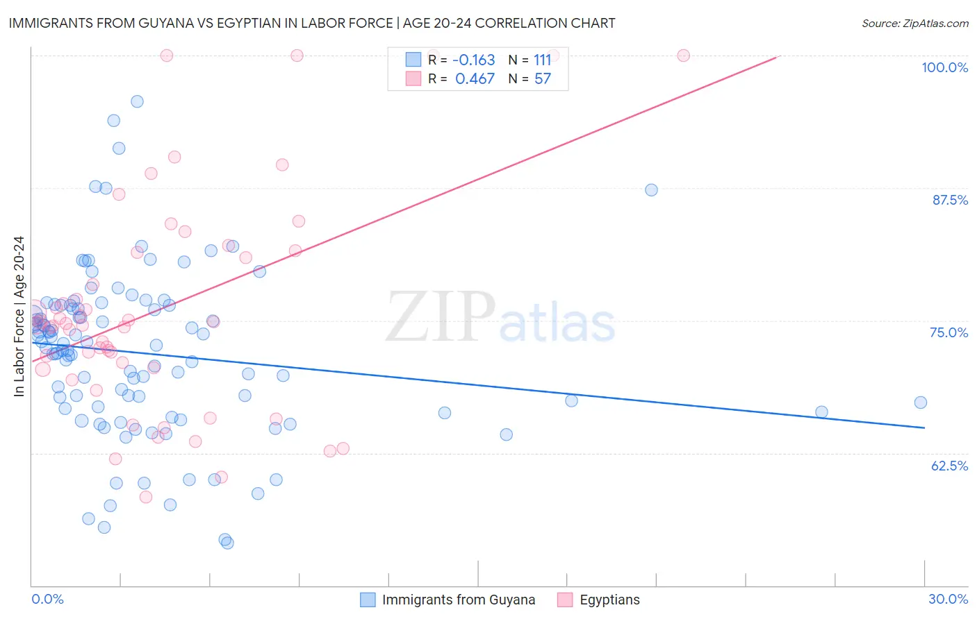 Immigrants from Guyana vs Egyptian In Labor Force | Age 20-24