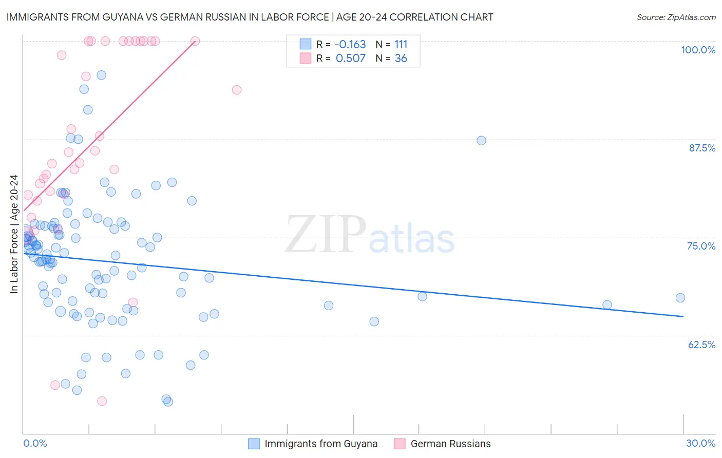 Immigrants from Guyana vs German Russian In Labor Force | Age 20-24