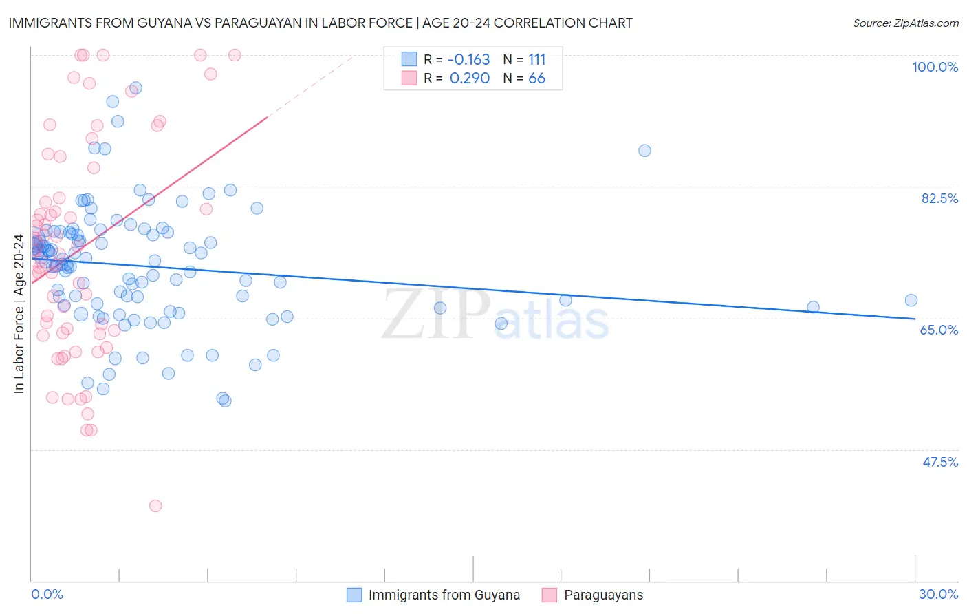 Immigrants from Guyana vs Paraguayan In Labor Force | Age 20-24