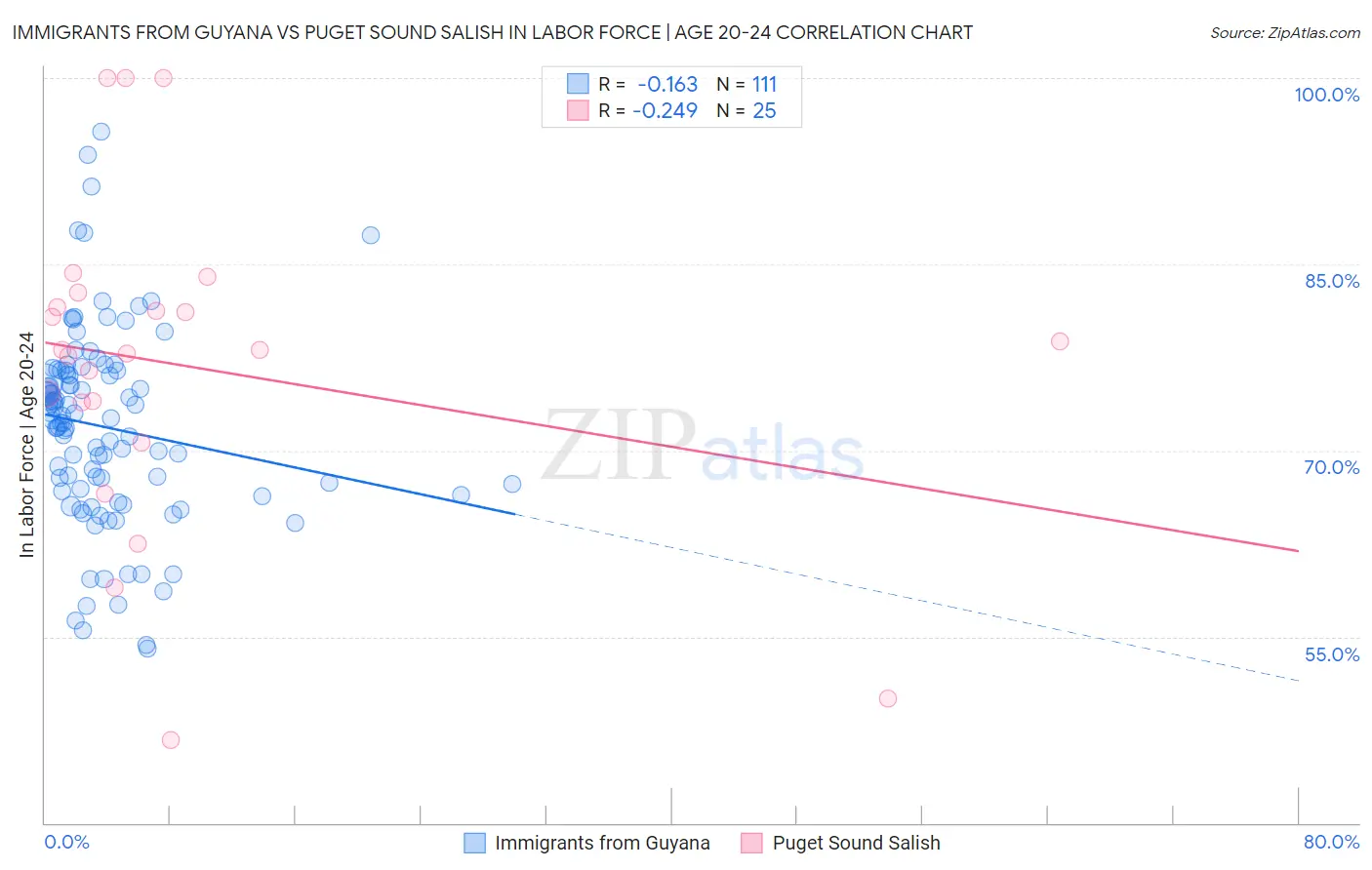 Immigrants from Guyana vs Puget Sound Salish In Labor Force | Age 20-24