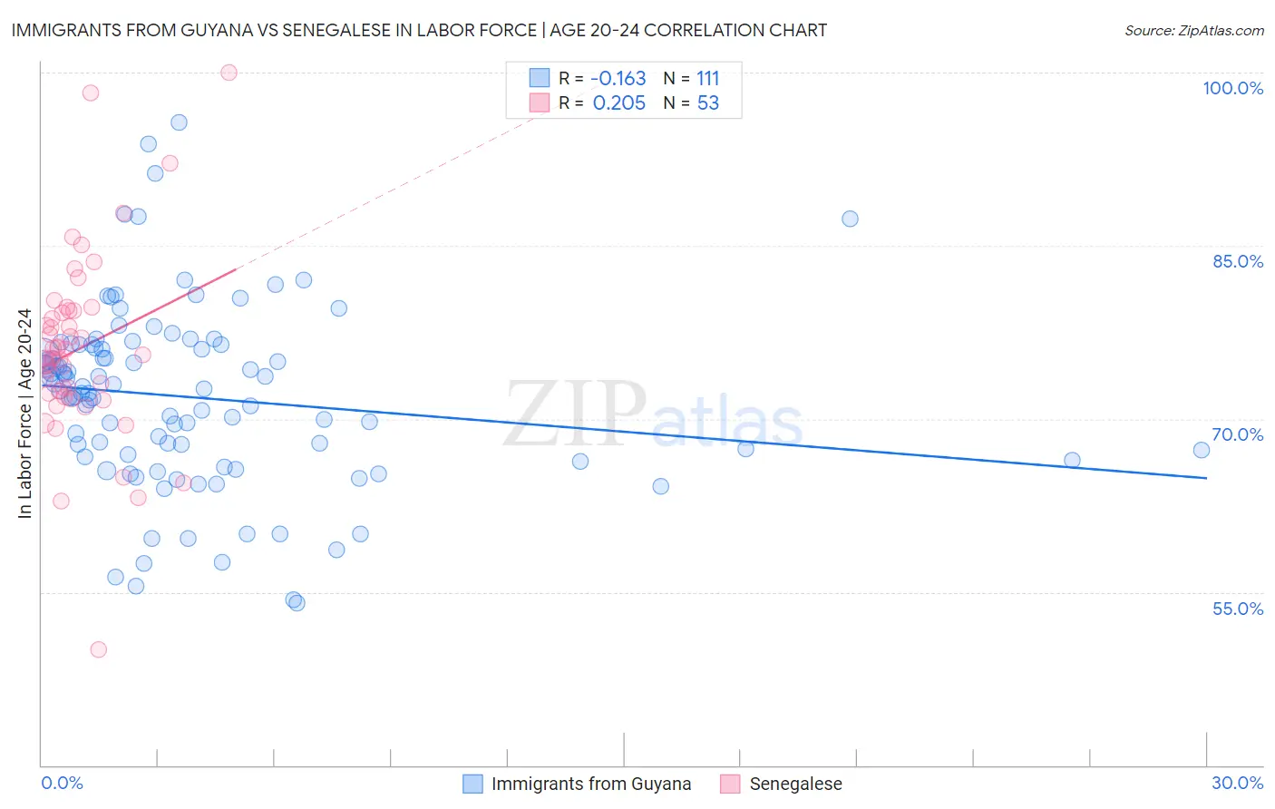 Immigrants from Guyana vs Senegalese In Labor Force | Age 20-24