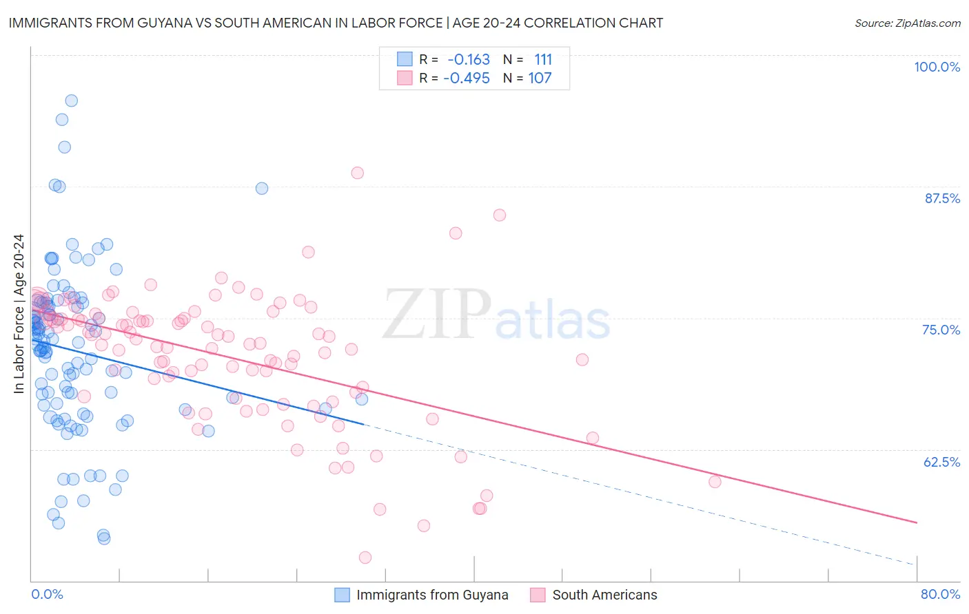Immigrants from Guyana vs South American In Labor Force | Age 20-24