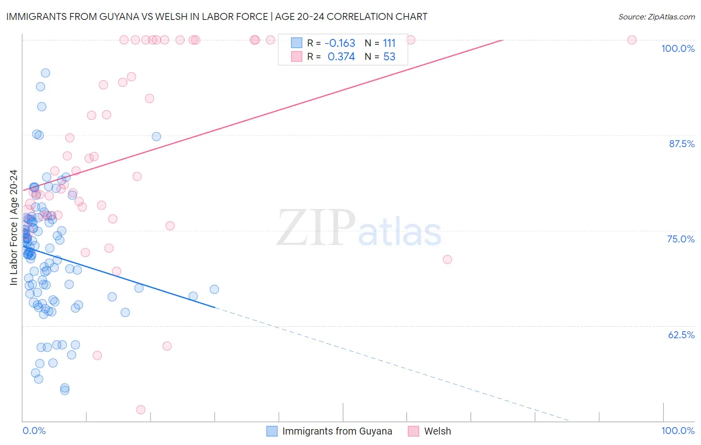 Immigrants from Guyana vs Welsh In Labor Force | Age 20-24