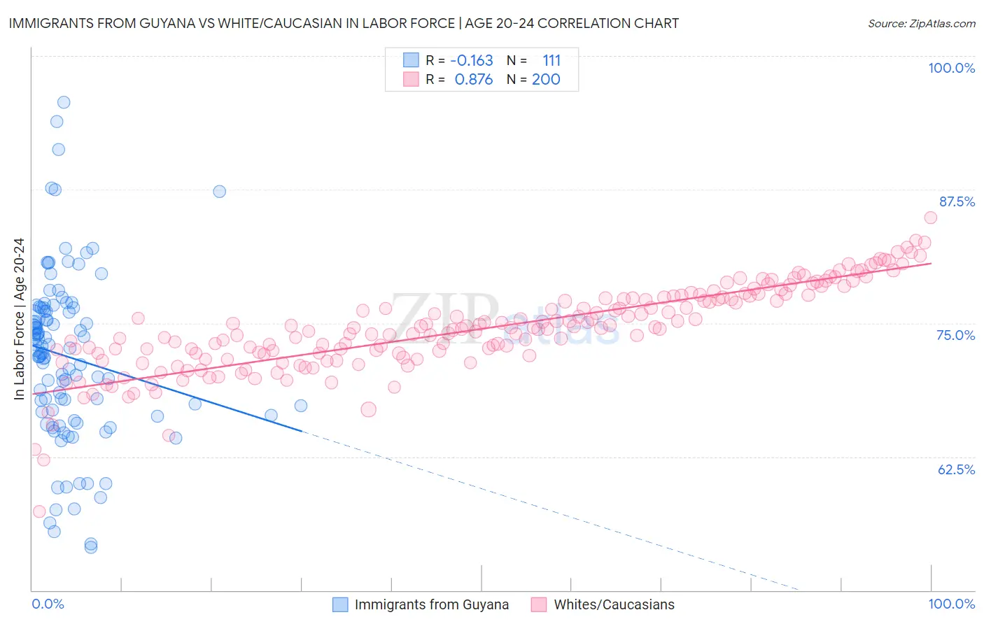 Immigrants from Guyana vs White/Caucasian In Labor Force | Age 20-24