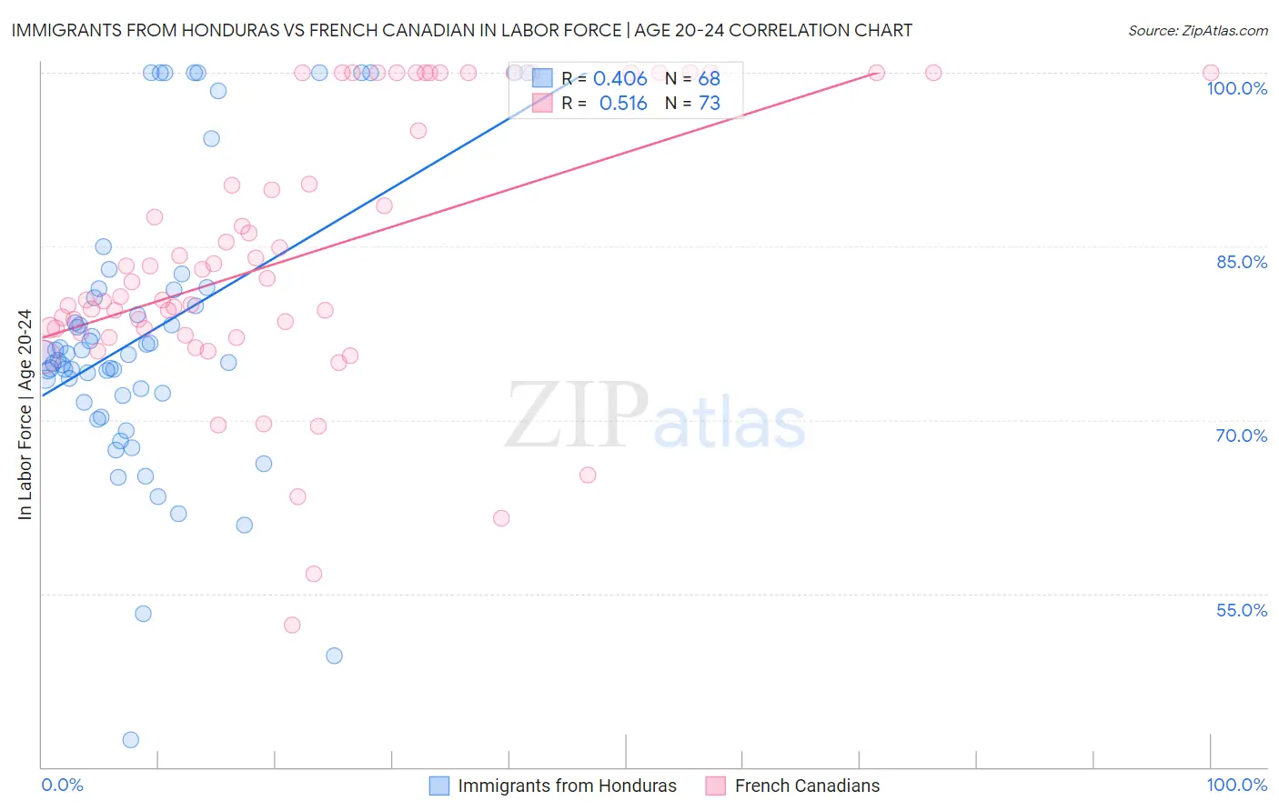 Immigrants from Honduras vs French Canadian In Labor Force | Age 20-24
