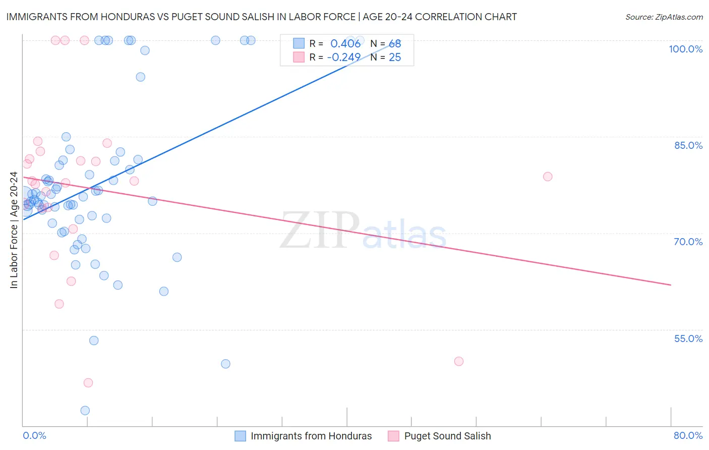 Immigrants from Honduras vs Puget Sound Salish In Labor Force | Age 20-24