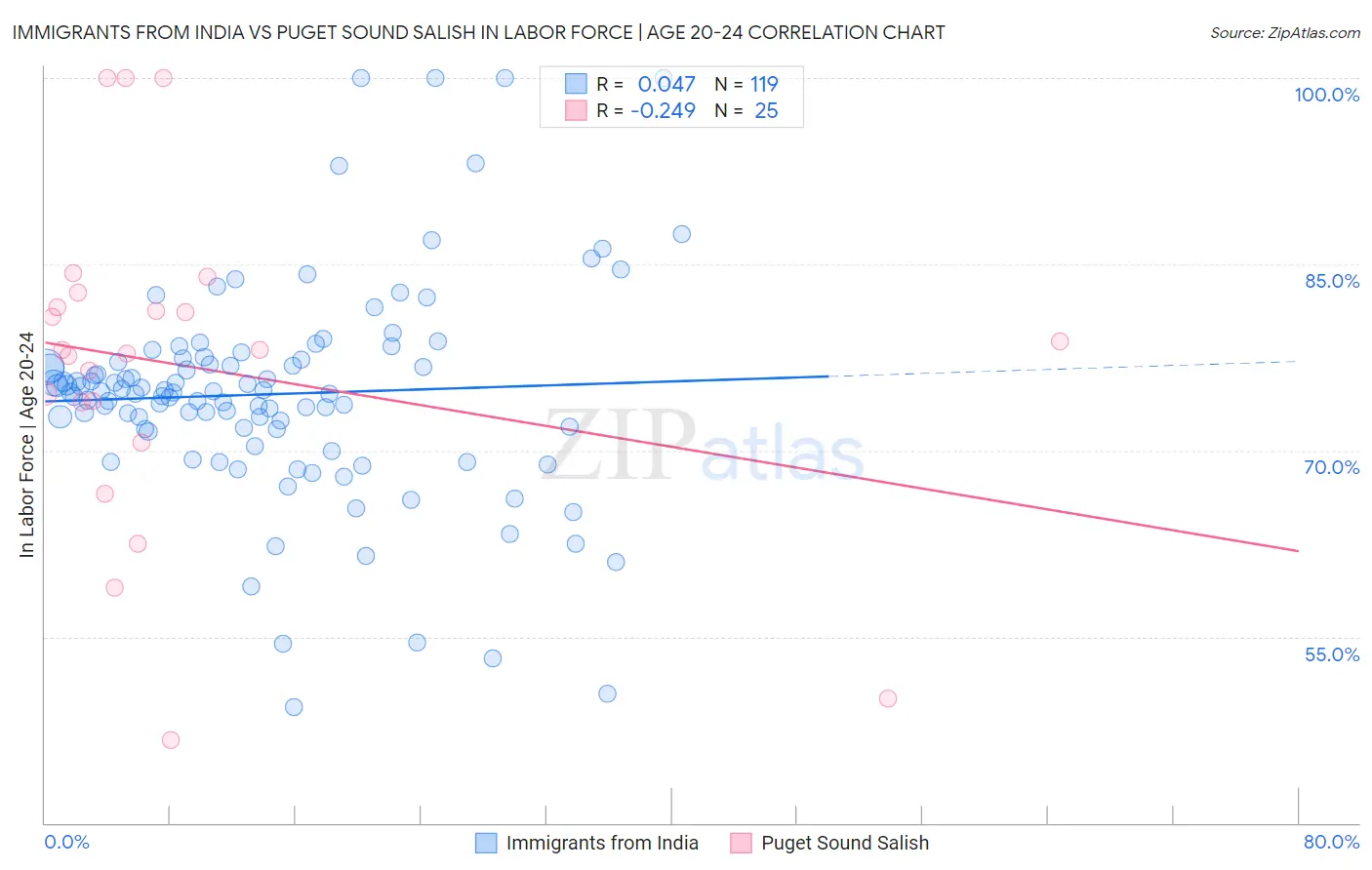 Immigrants from India vs Puget Sound Salish In Labor Force | Age 20-24