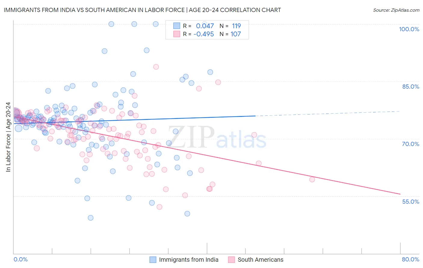 Immigrants from India vs South American In Labor Force | Age 20-24