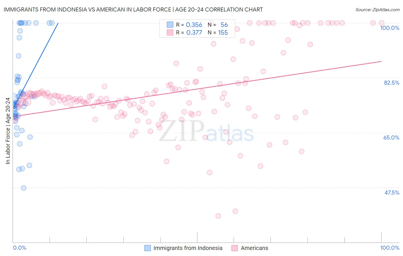 Immigrants from Indonesia vs American In Labor Force | Age 20-24
