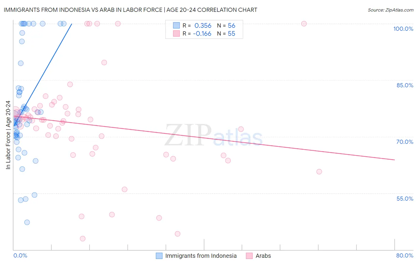 Immigrants from Indonesia vs Arab In Labor Force | Age 20-24