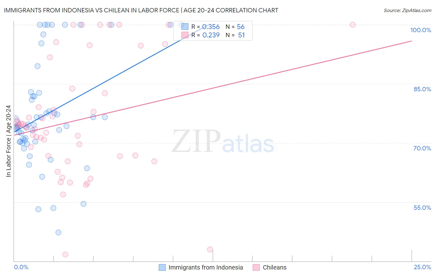 Immigrants from Indonesia vs Chilean In Labor Force | Age 20-24