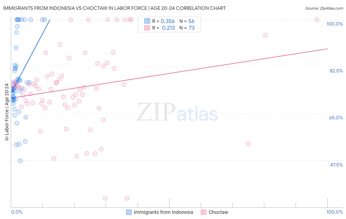 Immigrants from Indonesia vs Choctaw In Labor Force | Age 20-24