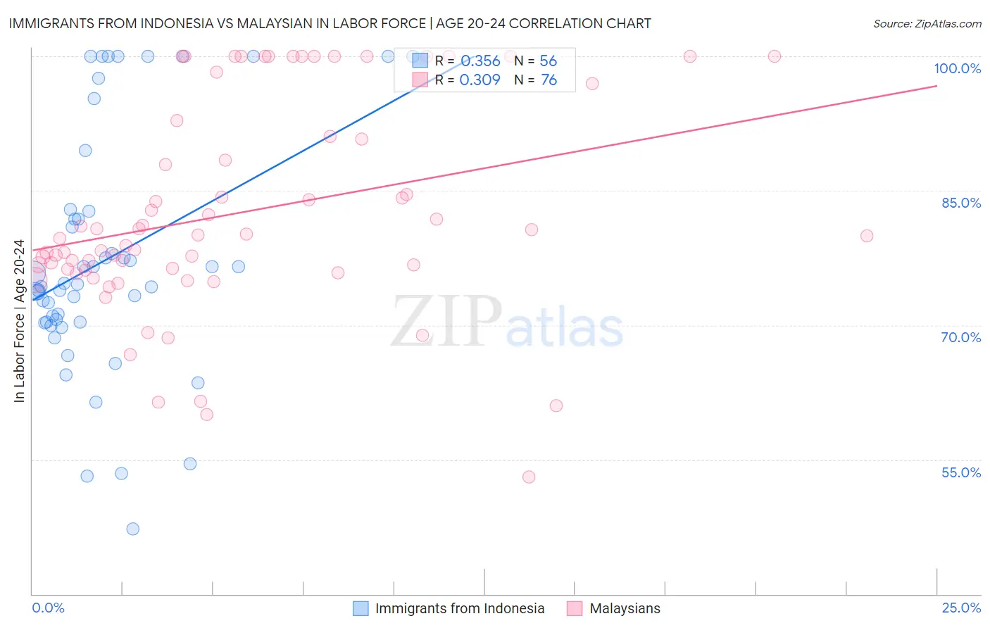 Immigrants from Indonesia vs Malaysian In Labor Force | Age 20-24