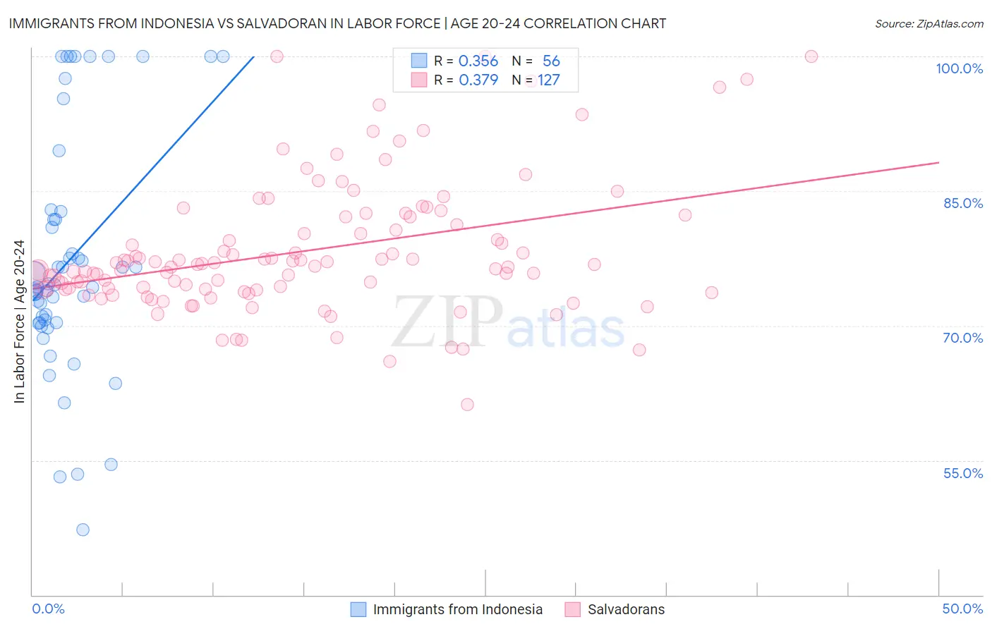 Immigrants from Indonesia vs Salvadoran In Labor Force | Age 20-24