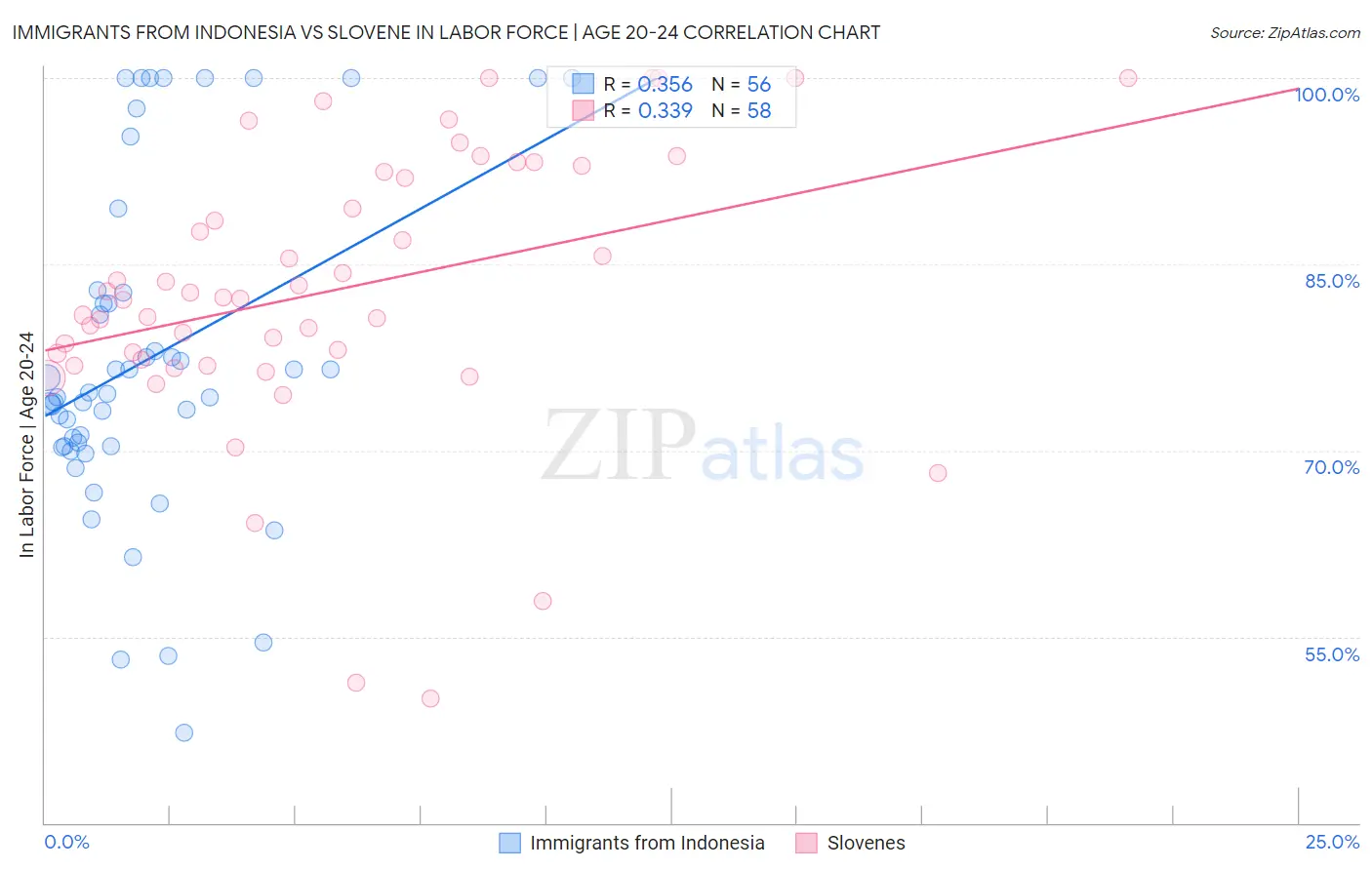 Immigrants from Indonesia vs Slovene In Labor Force | Age 20-24