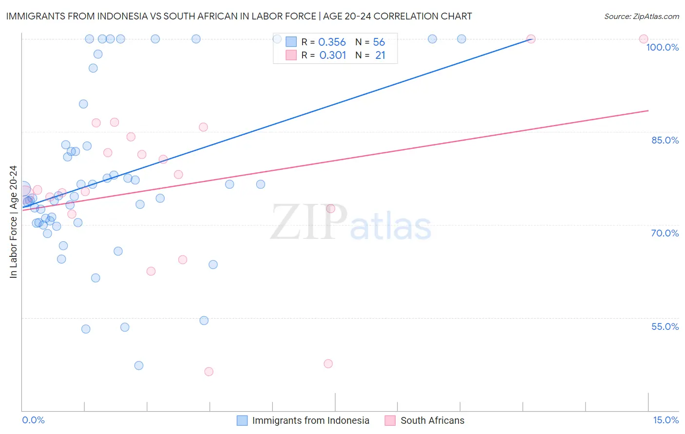 Immigrants from Indonesia vs South African In Labor Force | Age 20-24