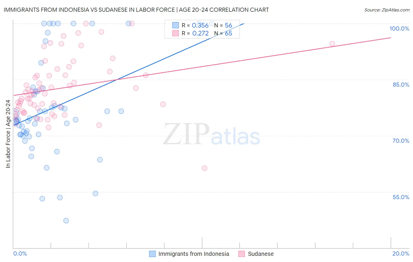 Immigrants from Indonesia vs Sudanese In Labor Force | Age 20-24