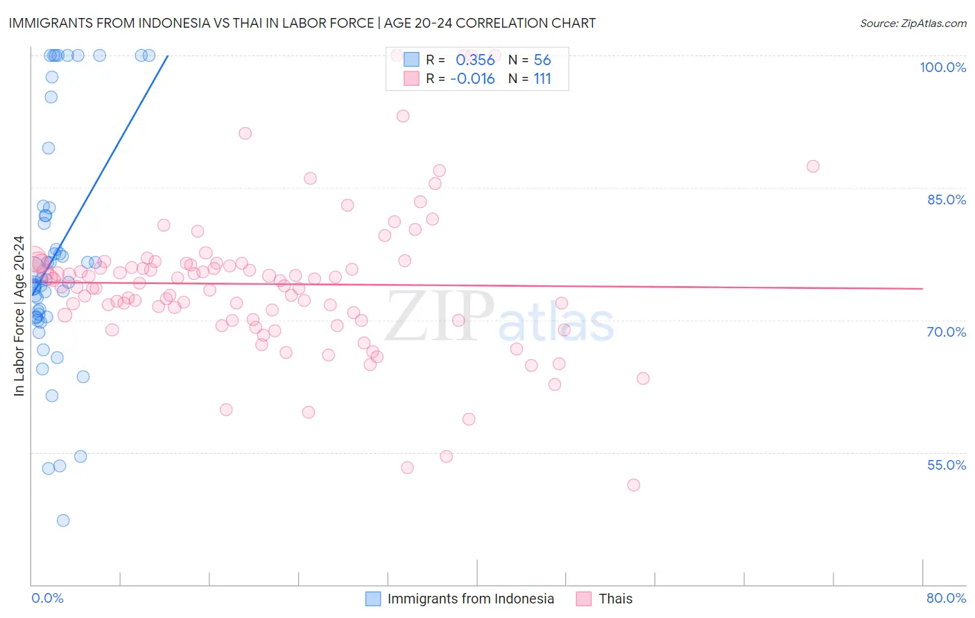 Immigrants from Indonesia vs Thai In Labor Force | Age 20-24