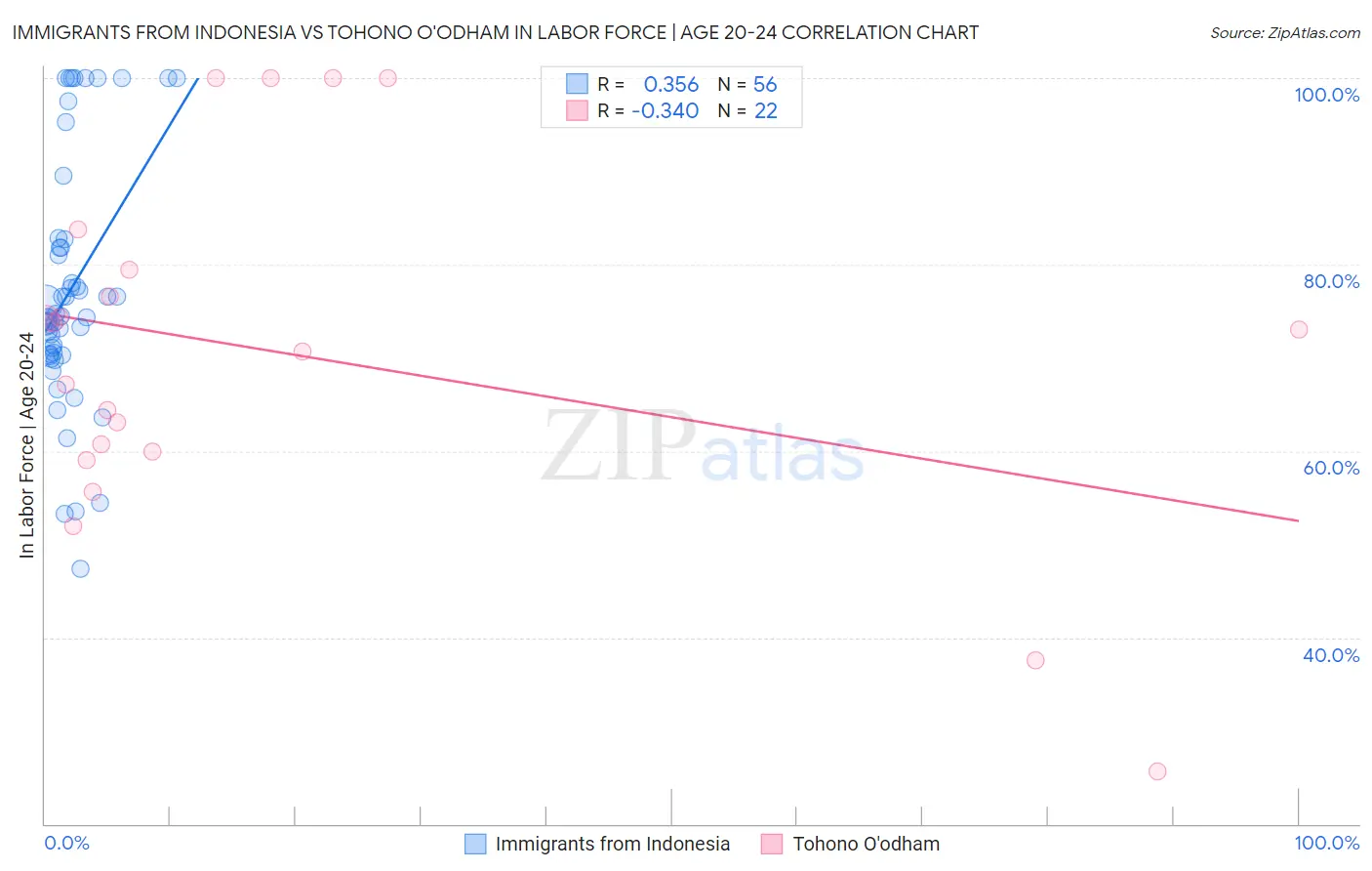 Immigrants from Indonesia vs Tohono O'odham In Labor Force | Age 20-24