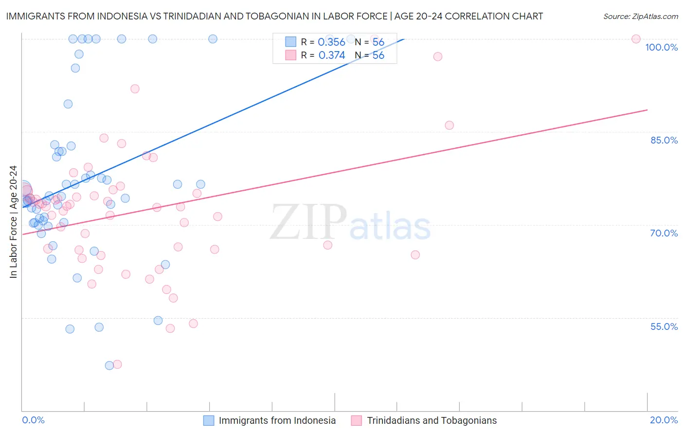 Immigrants from Indonesia vs Trinidadian and Tobagonian In Labor Force | Age 20-24