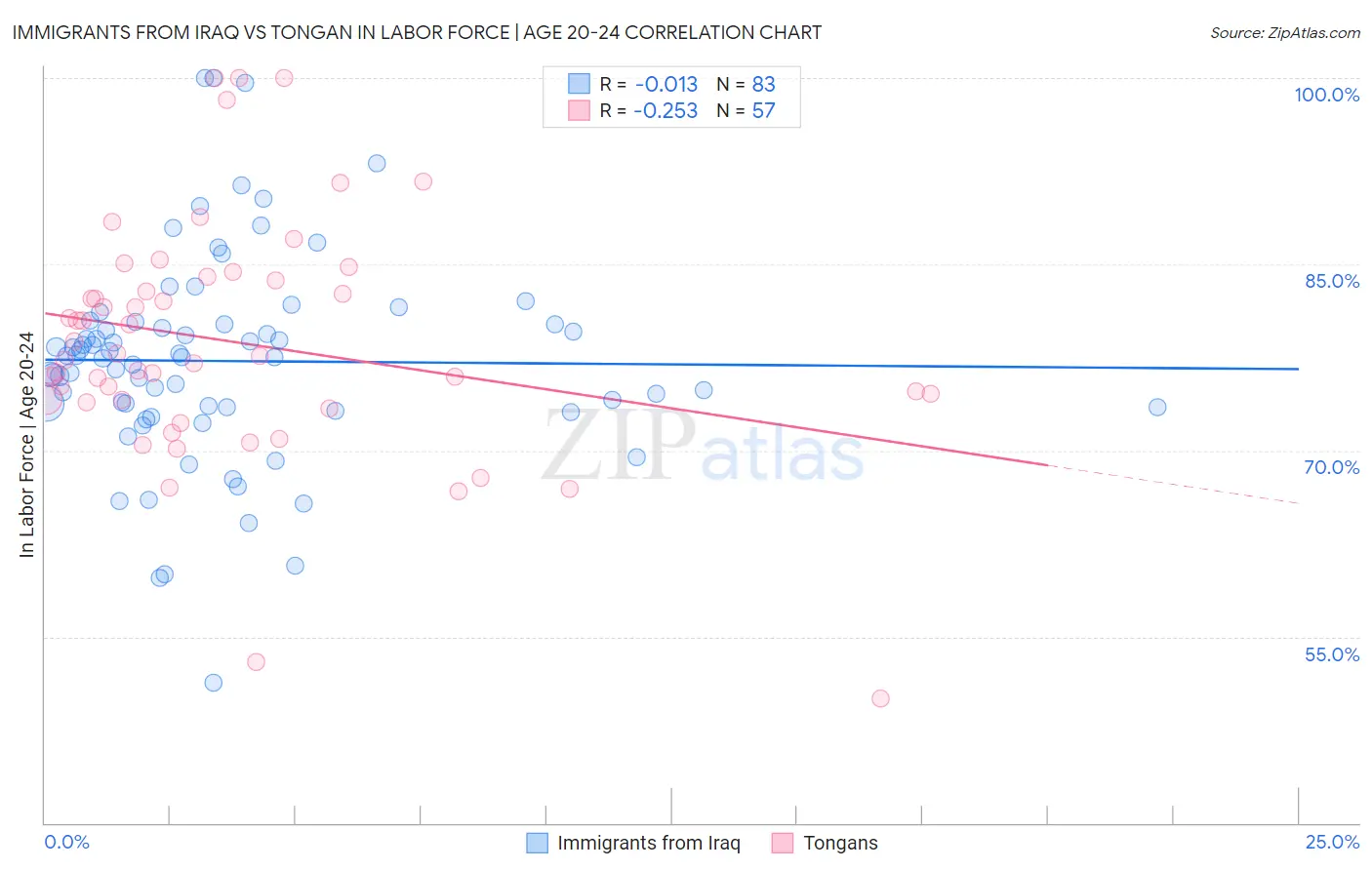 Immigrants from Iraq vs Tongan In Labor Force | Age 20-24