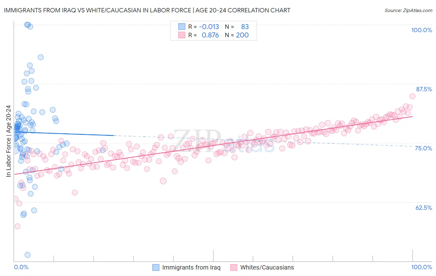 Immigrants from Iraq vs White/Caucasian In Labor Force | Age 20-24