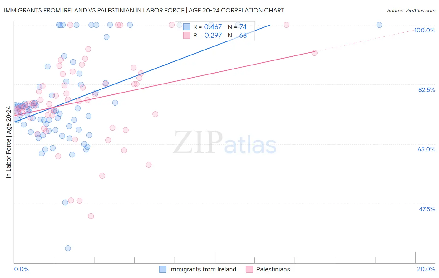 Immigrants from Ireland vs Palestinian In Labor Force | Age 20-24