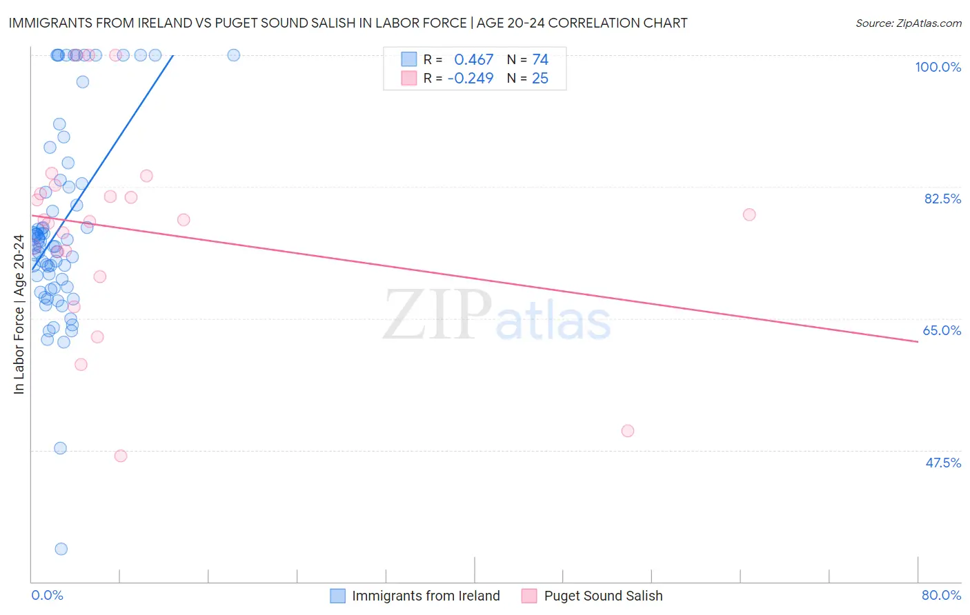 Immigrants from Ireland vs Puget Sound Salish In Labor Force | Age 20-24
