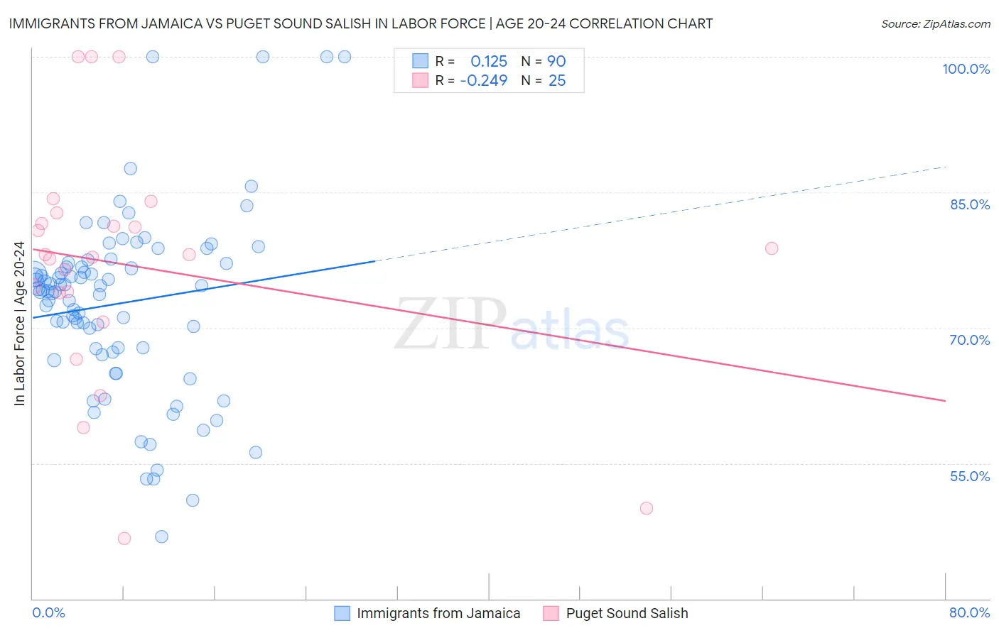 Immigrants from Jamaica vs Puget Sound Salish In Labor Force | Age 20-24